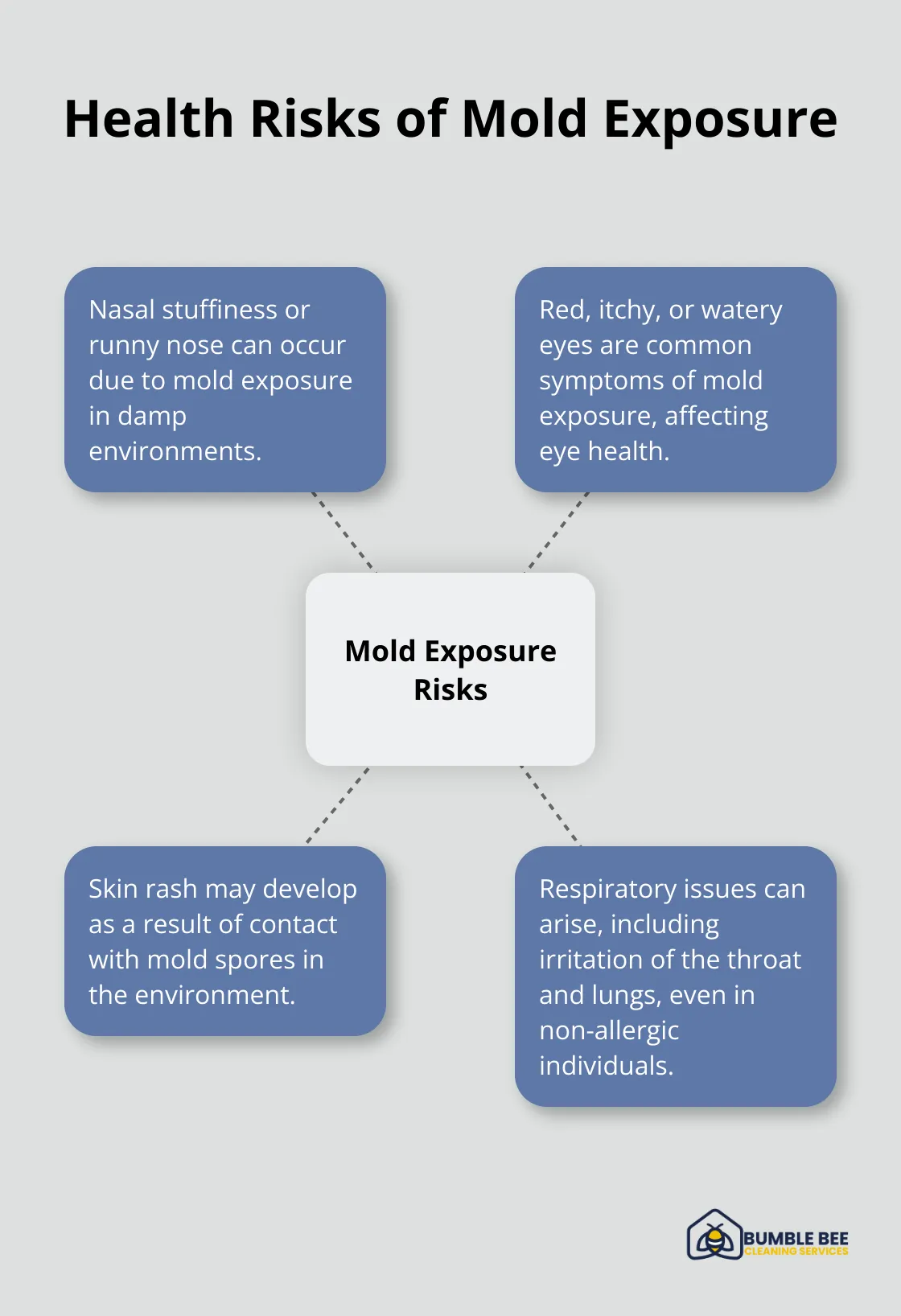 Hub and spoke chart showing various health risks associated with mold exposure, including nasal issues, eye irritation, skin rash, and respiratory problems - Deep cleaning schedule