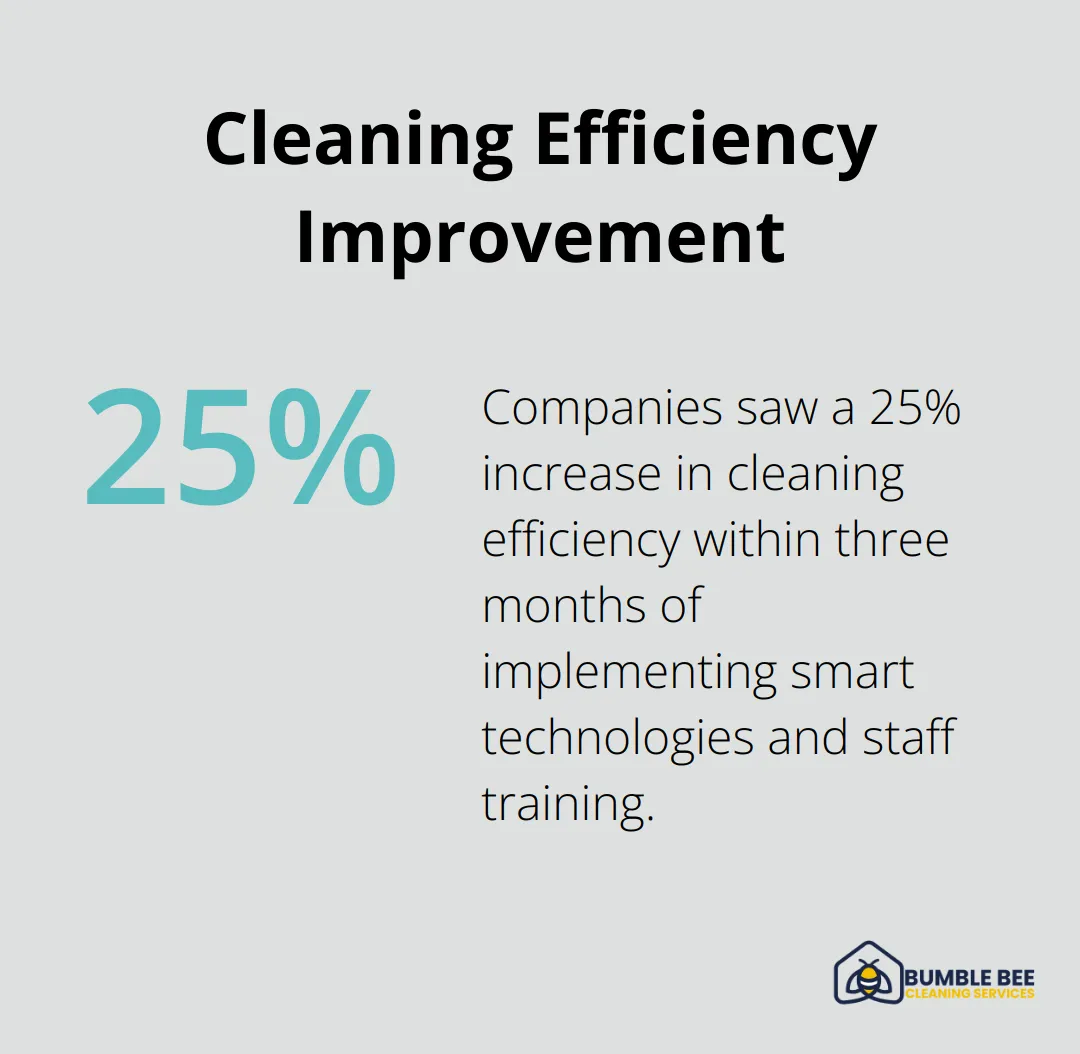 Chart showing a 25% increase in cleaning efficiency within the first three months of implementing smart technologies and comprehensive staff training. - Janitorial efficiency