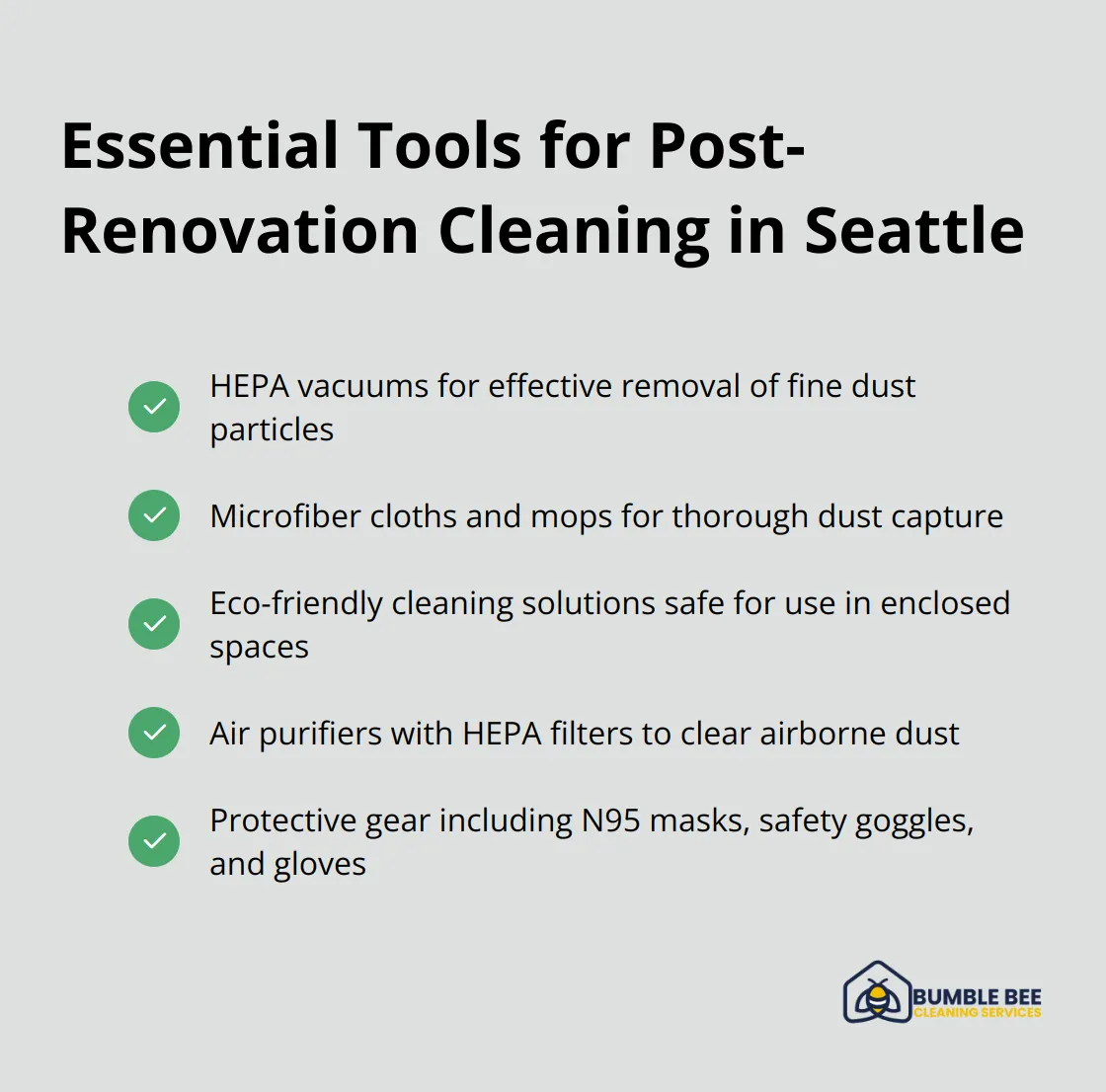 Checkmark list of essential tools used by Seattle professionals for post-renovation cleaning - Construction cleanup