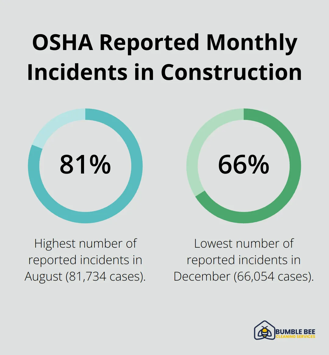 Chart showing OSHA reported monthly incidents in construction, ranging from 66,054 to 81,734 cases - Construction cleanup experts