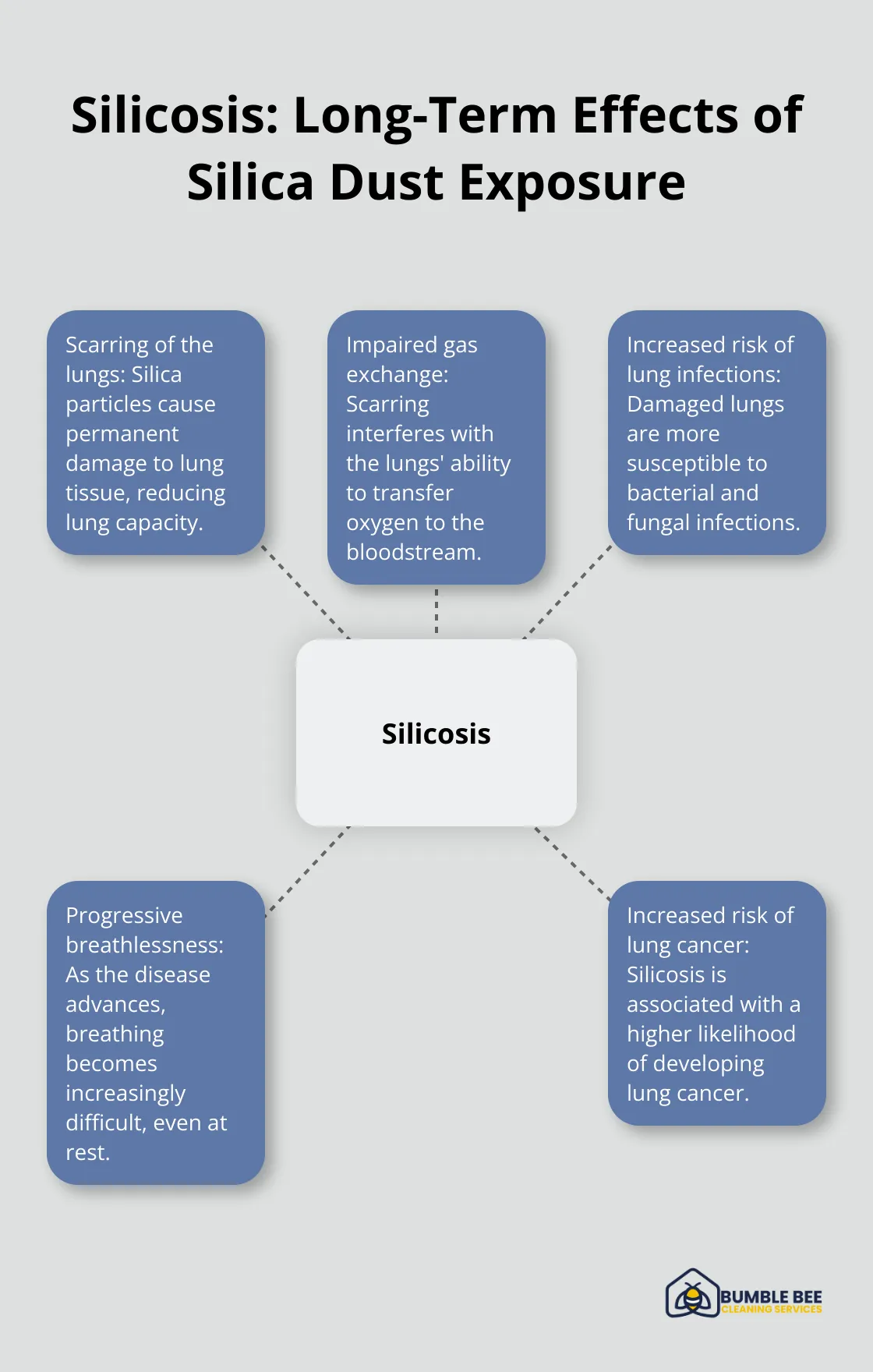 Hub and spoke chart illustrating the long-term effects of silicosis caused by silica dust exposure - Construction dust
