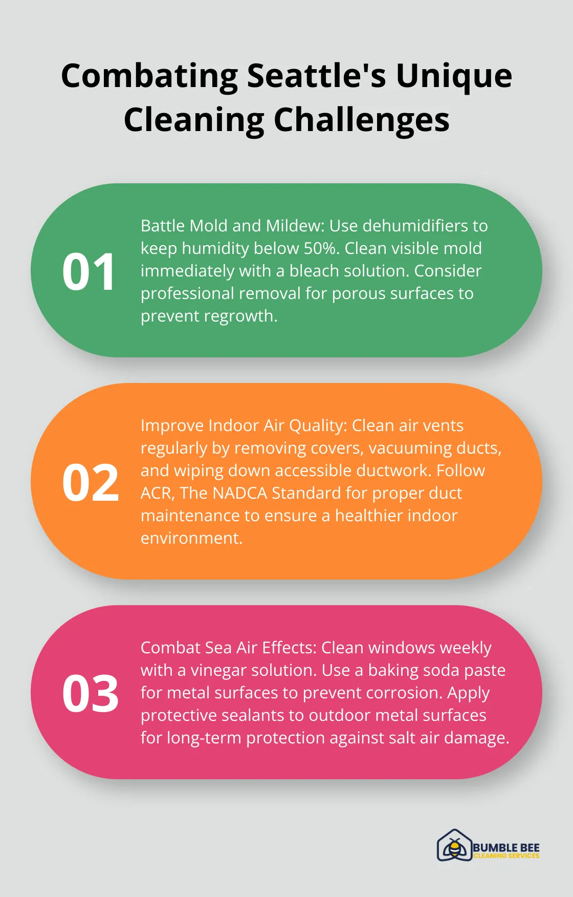 An ordered list chart showing three techniques to combat Seattle's climate challenges: battling mold and mildew, improving indoor air quality, and combating sea air effects. - Deep cleaning techniques