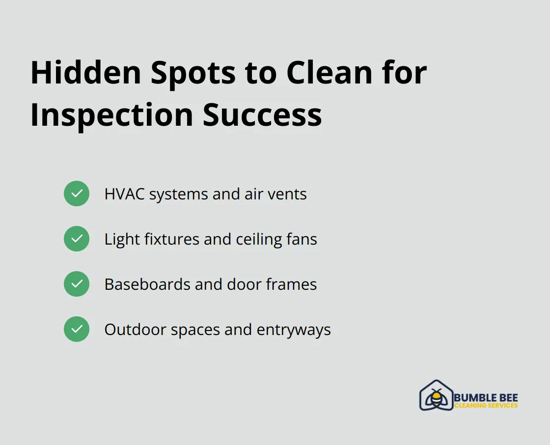 Checkmark list of often-overlooked areas to clean for a successful rental inspection - Lease end cleaning