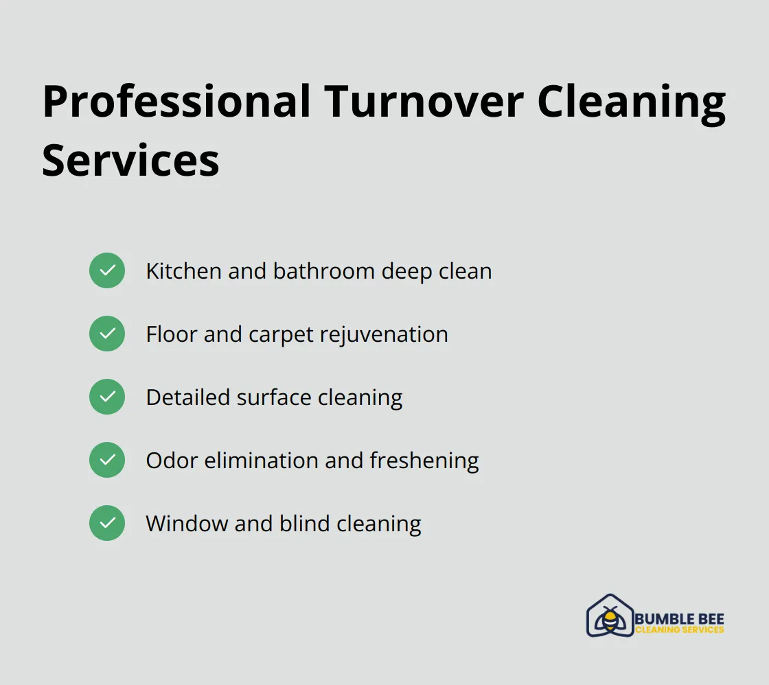 A checklist of five comprehensive services included in professional turnover cleaning: kitchen and bathroom deep clean, floor and carpet rejuvenation, detailed surface cleaning, odor elimination, and window and blind cleaning. - Tenant turnover