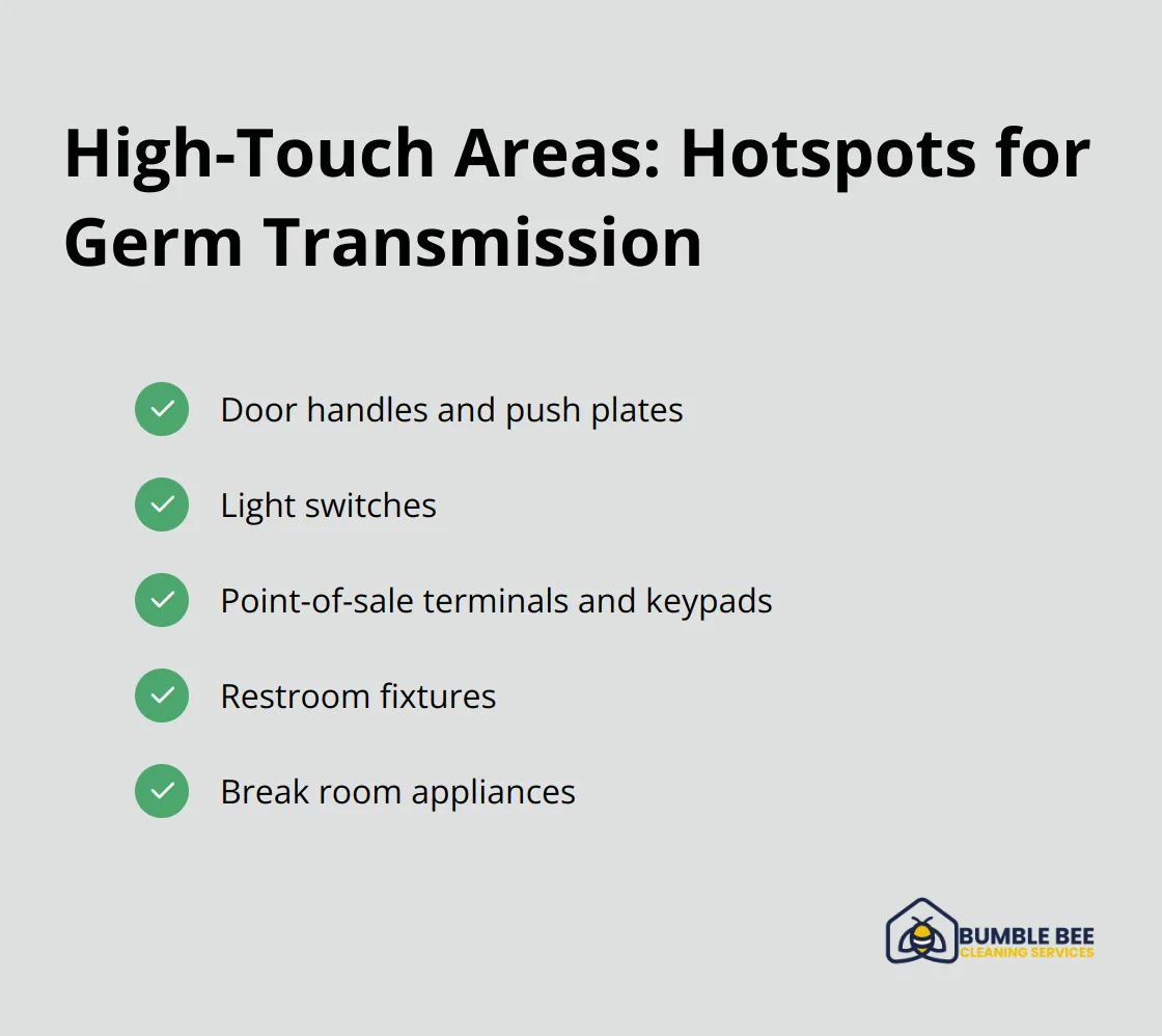 Checklist of high-touch areas in businesses that require frequent disinfection: door handles, light switches, POS terminals, restroom fixtures, and break room appliances. - Commercial disinfection