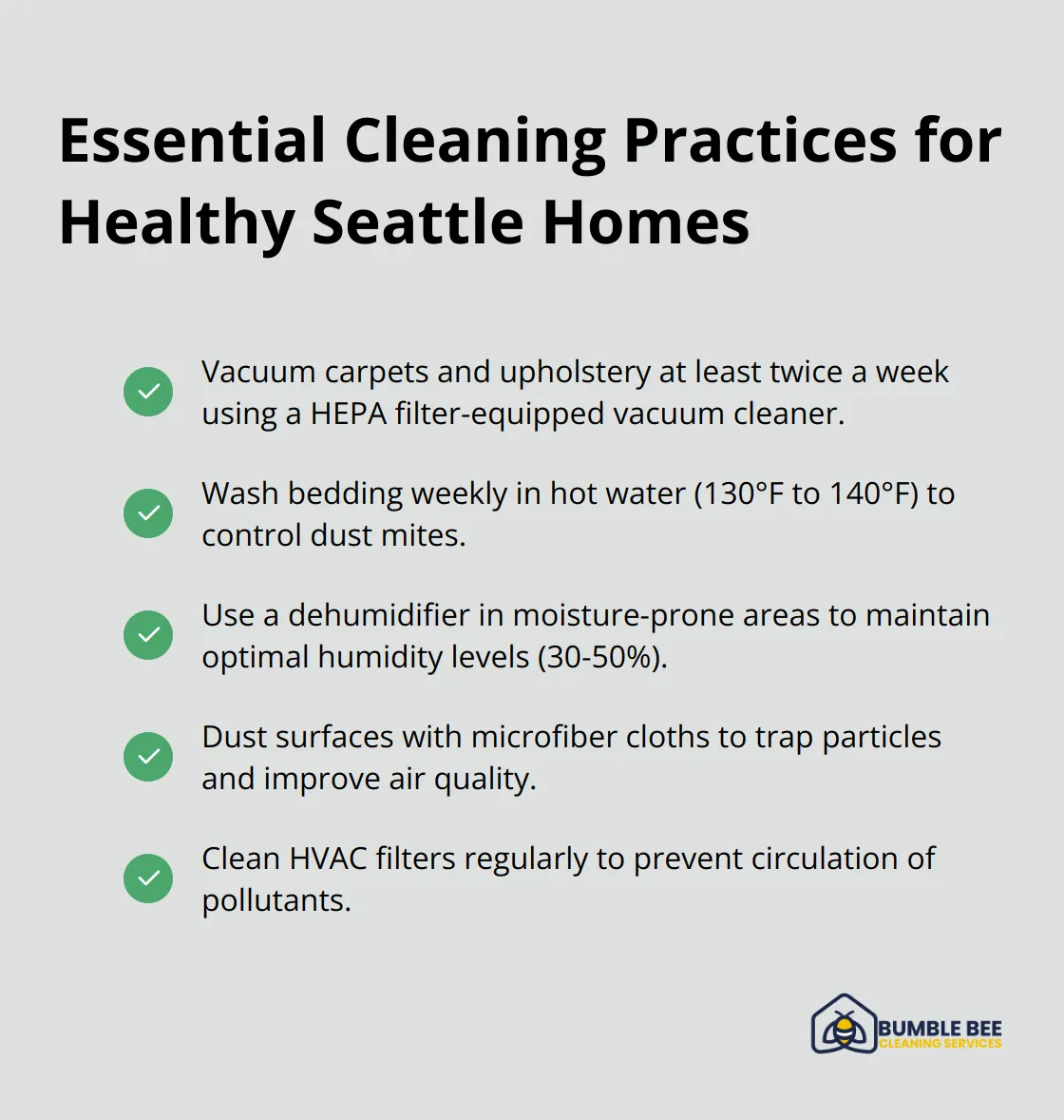 Checkmark list of essential cleaning practices for maintaining health in Seattle homes - Frequent cleaning