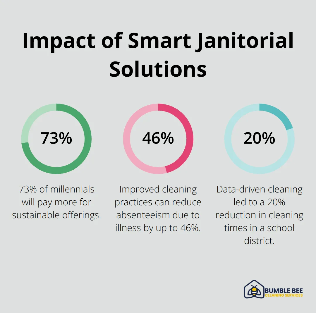 A percentage chart showing 73% of millennials willing to pay more for sustainable offerings, 46% reduction in absenteeism due to improved cleaning practices, and 20% reduction in cleaning times with data-driven cleaning. - Janitorial efficiency