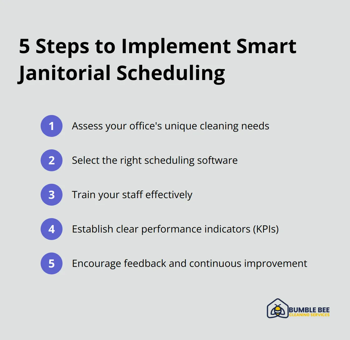 A compact ordered list chart showing five steps to implement smart janitorial scheduling: assess needs, select software, train staff, establish KPIs, and encourage feedback.