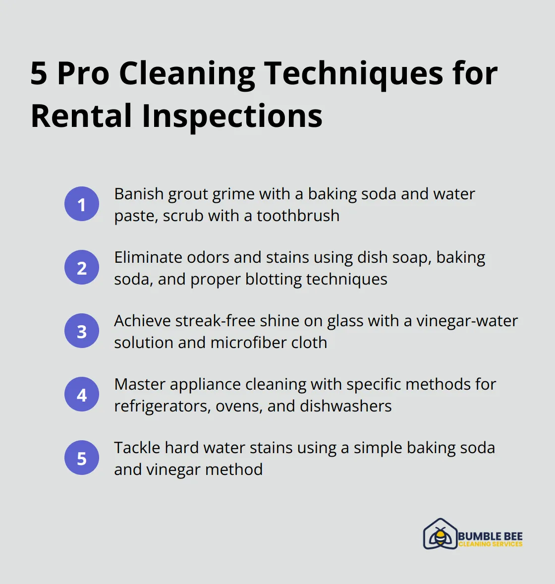 Ordered list of 5 professional cleaning techniques: grout cleaning, odor and stain removal, streak-free glass cleaning, appliance cleaning, and hard water stain removal - Move-out inspection