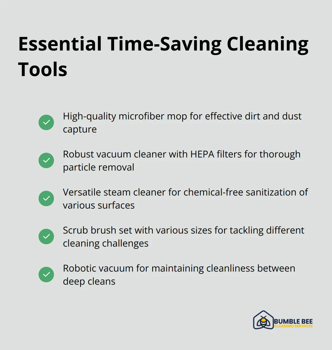 Checkmark list of essential time-saving cleaning tools: microfiber mop, HEPA vacuum cleaner, steam cleaner, scrub brush set, and robotic vacuum