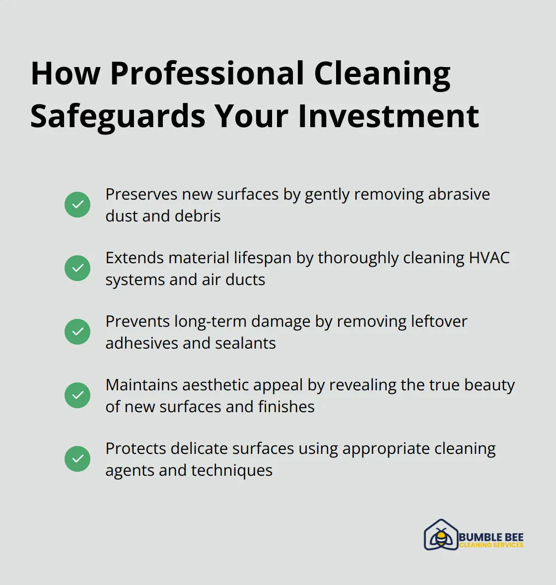 Checkmark list of ways professional cleaning protects your investment after construction - Post-build cleaning