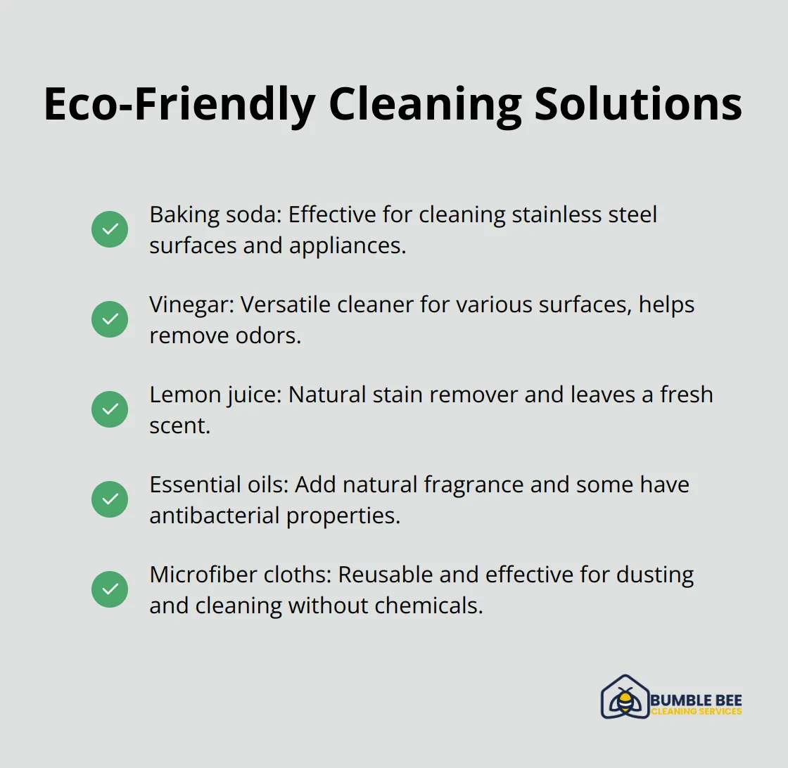 Checkmark list of eco-friendly cleaning solutions including baking soda, vinegar, and lemon juice