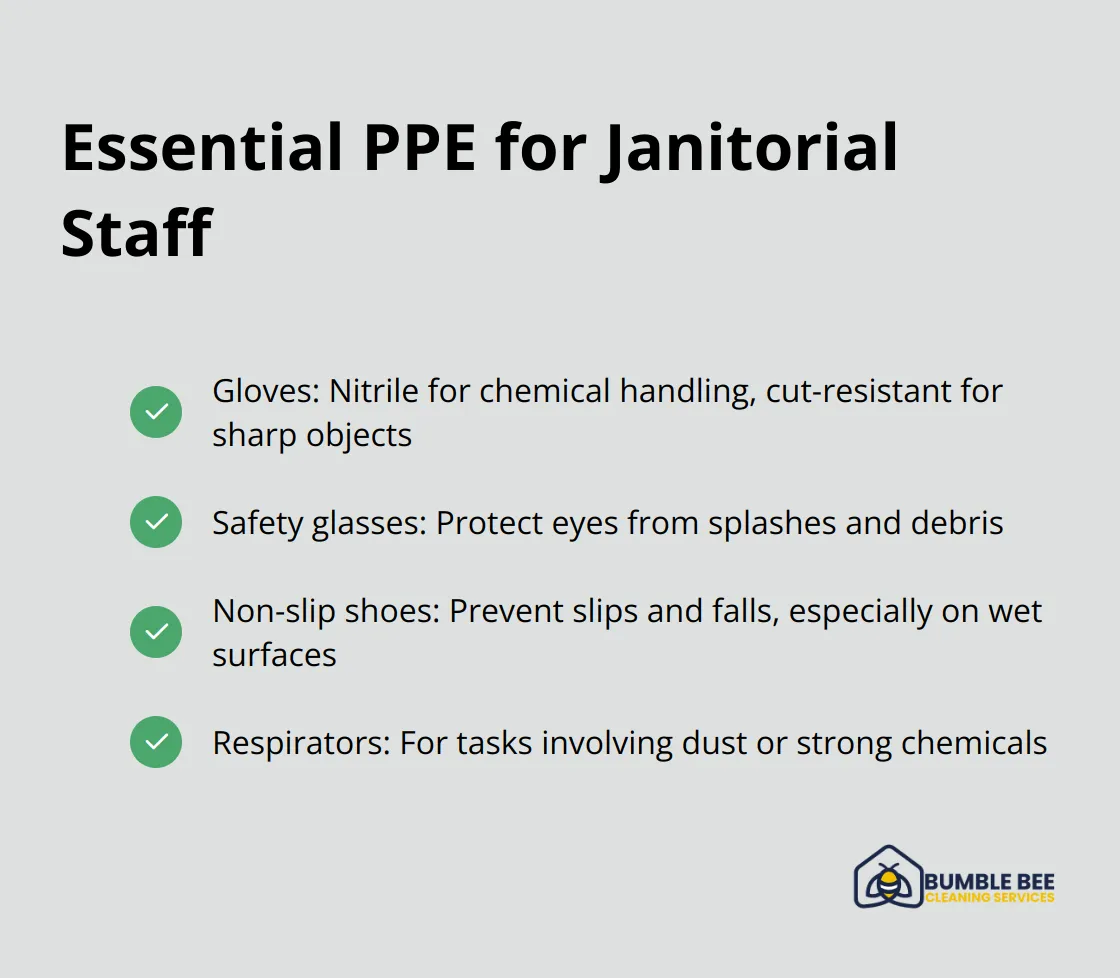 Checkmark list of essential Personal Protective Equipment (PPE) for janitorial staff, including gloves, safety glasses, non-slip shoes, and respirators. - Janitorial supplies