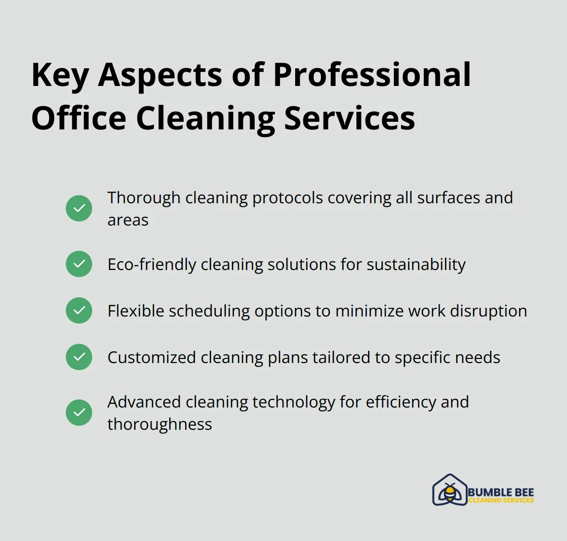 Checkmark list showing key aspects of professional office cleaning: thorough cleaning protocols, eco-friendly solutions, flexible scheduling, customized plans, and advanced cleaning technology - Office sanitation