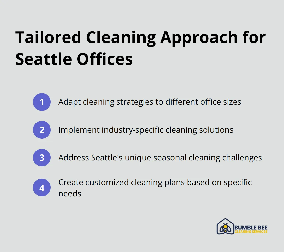 Ordered list showing tailored cleaning approaches: adapting to office sizes, industry-specific solutions, seasonal considerations, and customized cleaning plans