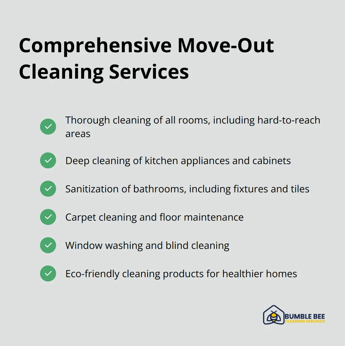 Checkmark list chart showing six comprehensive move-out cleaning services offered by cleaning specialists