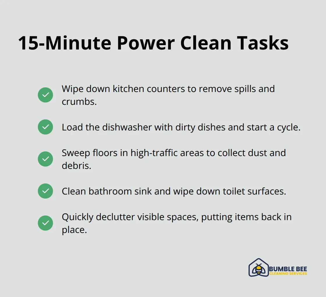 A checklist of quick cleaning tasks that can be accomplished in 15 minutes, including wiping kitchen counters, loading the dishwasher, sweeping floors, and cleaning bathroom surfaces. - Cleaning lifestyle