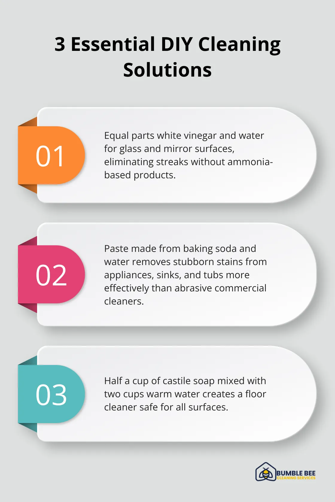 Chart showing three essential DIY cleaning solutions: vinegar and water for glass surfaces, baking soda paste for stains, and castile soap mixture for floors. - Eco-friendly moveout