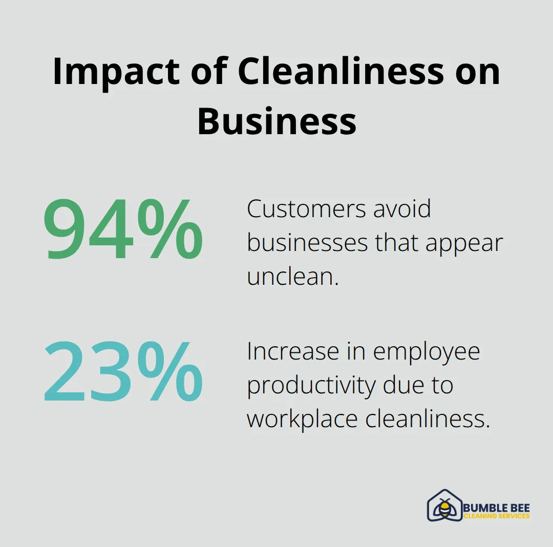 Chart showing 94% of customers avoid unclean businesses and 23% increase in employee productivity due to workplace cleanliness