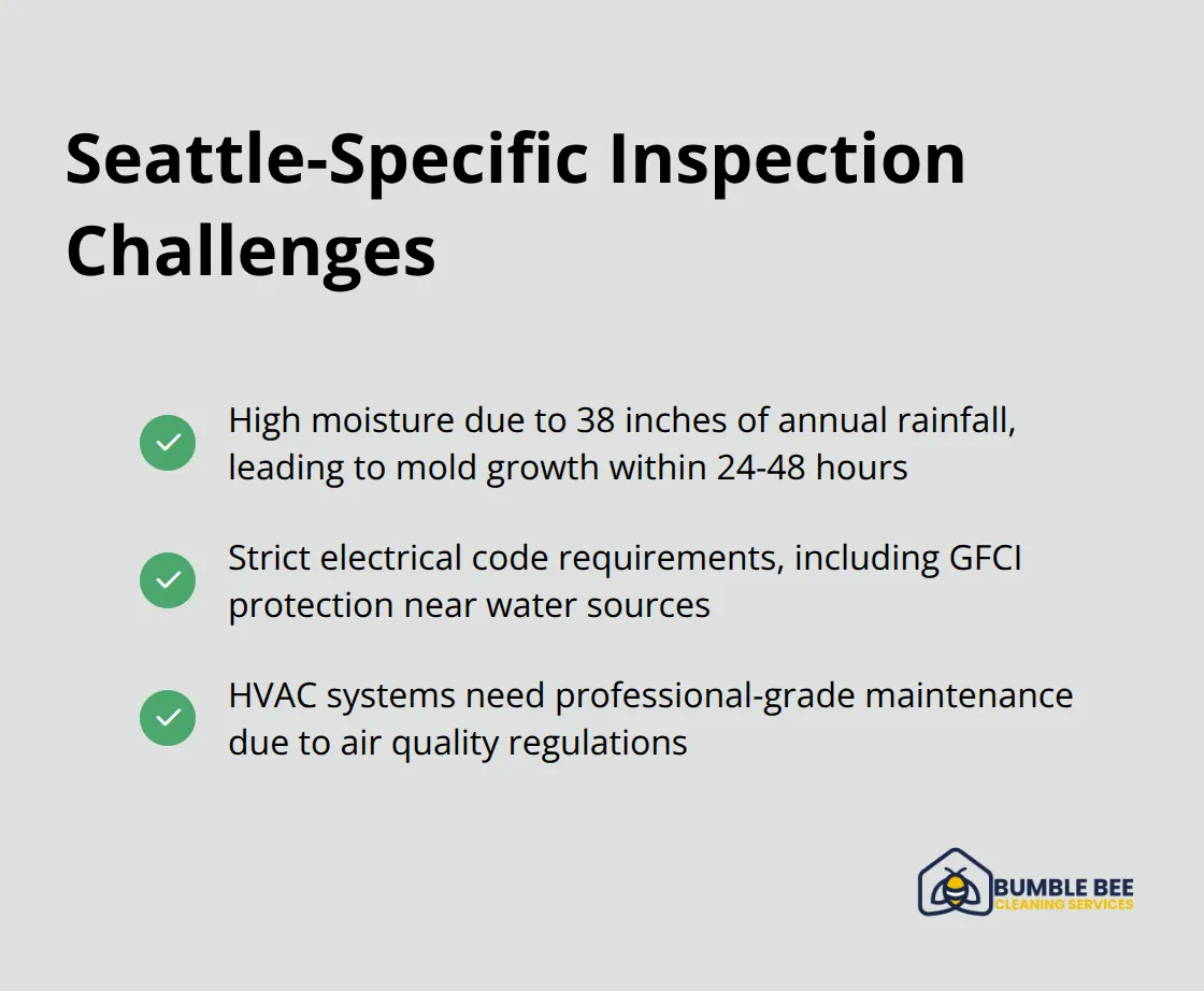 Checkmark list of unique inspection challenges for Seattle renters, including moisture problems, electrical code requirements, and HVAC system standards