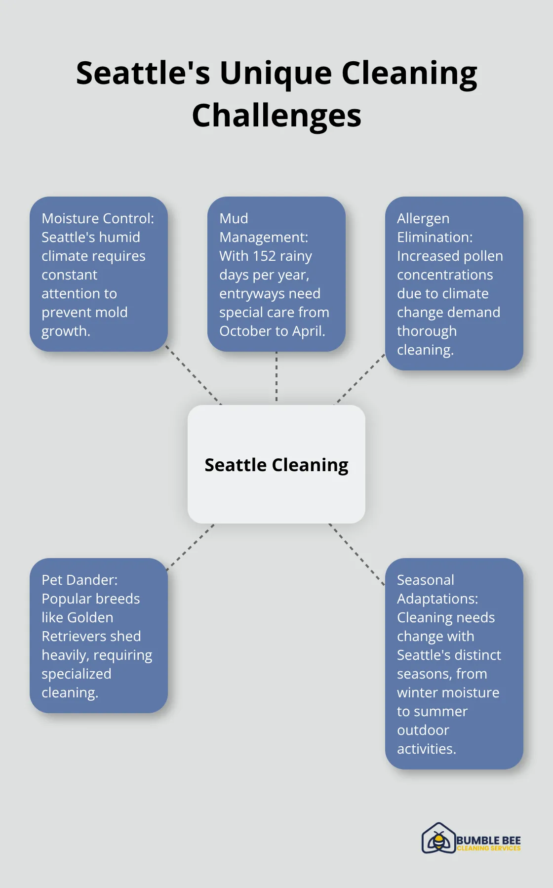Hub and spoke chart illustrating Seattle's specific cleaning challenges - Recurring cleaning