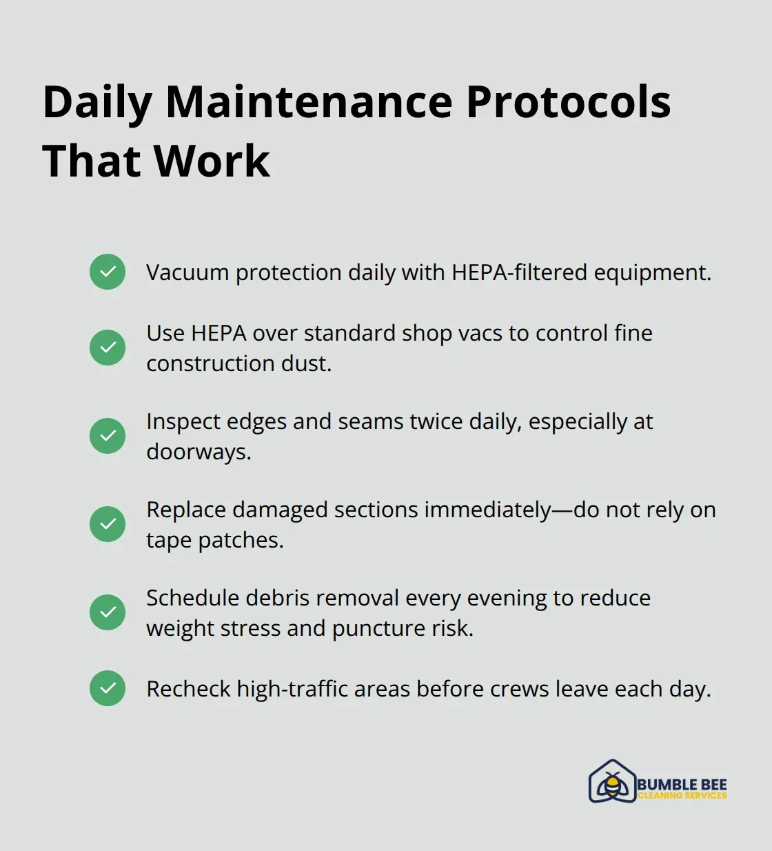 Checklist for daily carpet protection maintenance on active construction sites
