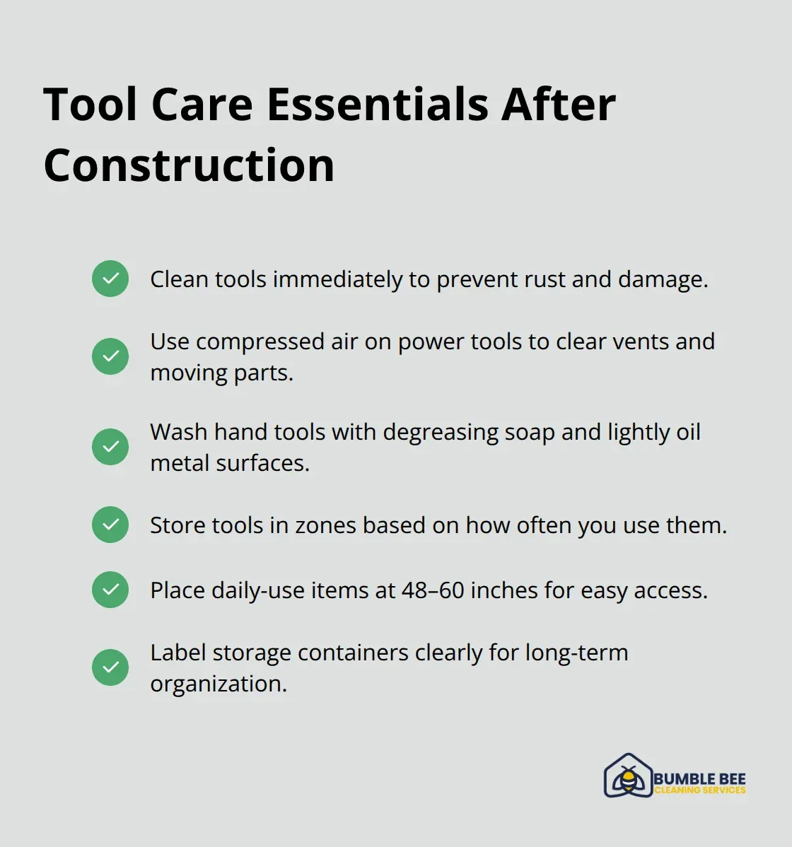Checklist for cleaning and storing tools after a construction project - Garage cleanup