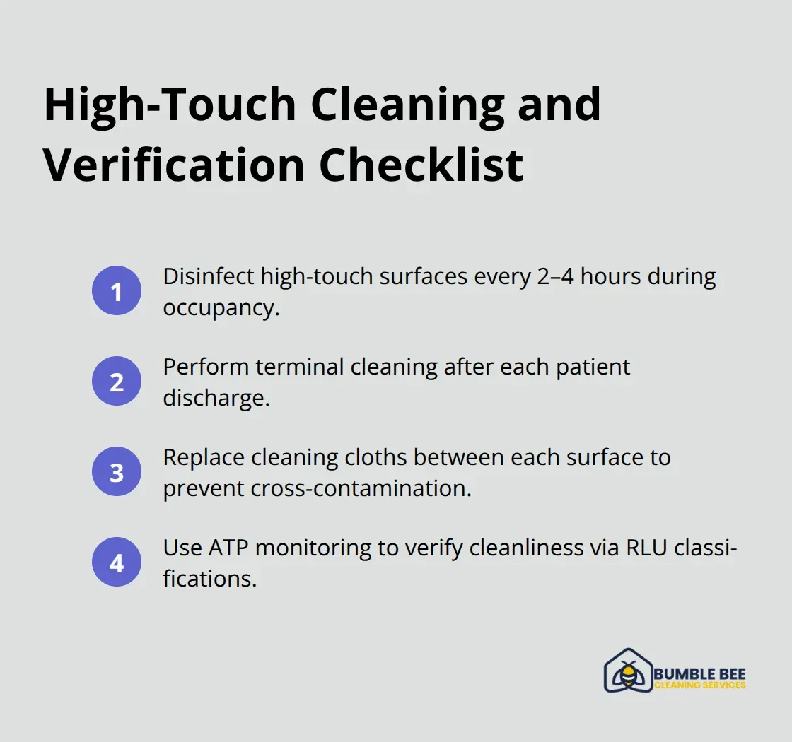 Compact checklist of high-touch cleaning frequency, terminal cleaning, cloth changes, and ATP verification for healthcare facilities.