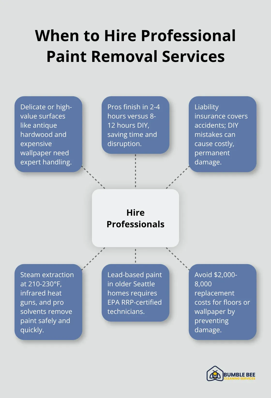 Hub-and-spoke diagram outlining reasons to hire professional paint removal