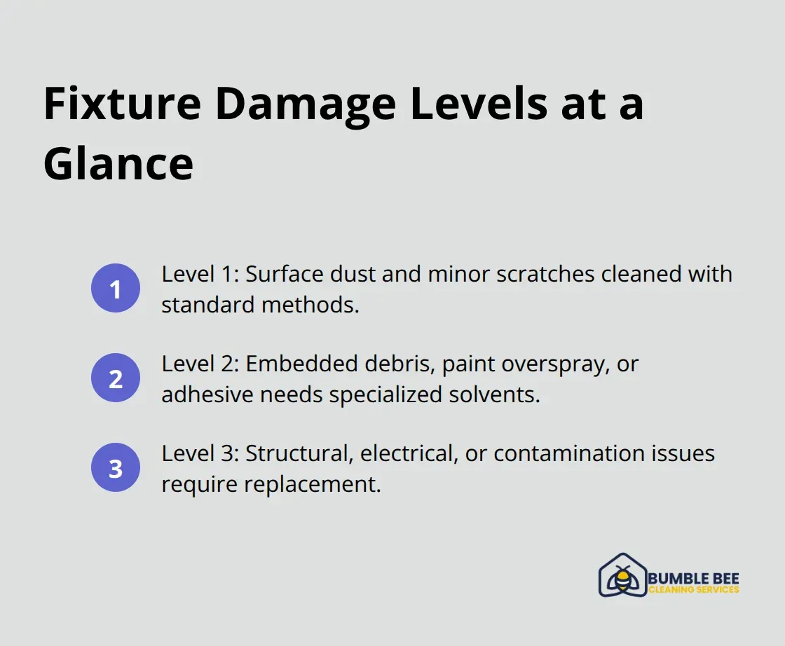 Three levels of post-construction fixture damage and the recommended response. - Fixture restoration