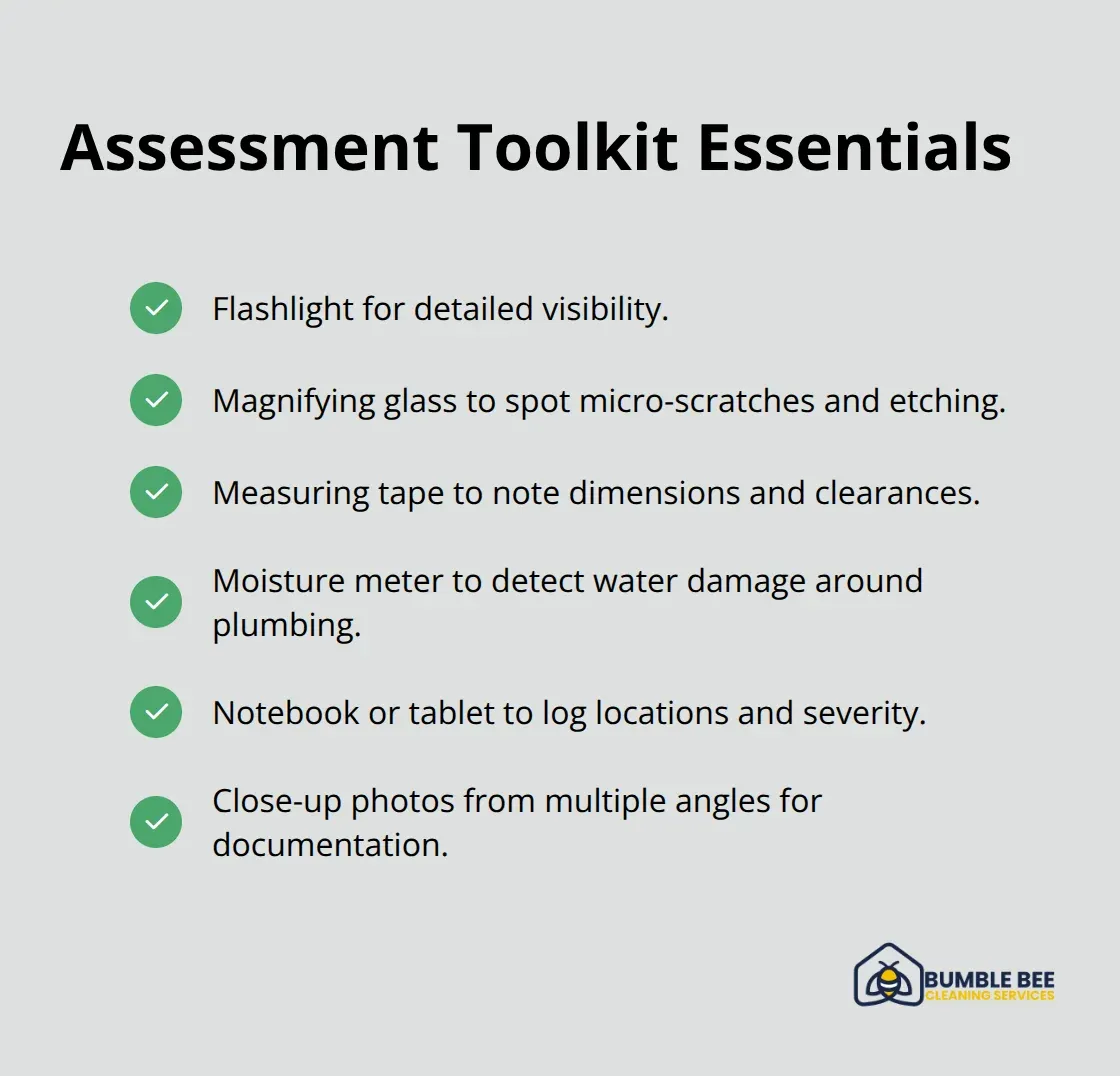 Checklist of essential tools and materials for accurate fixture damage assessment.