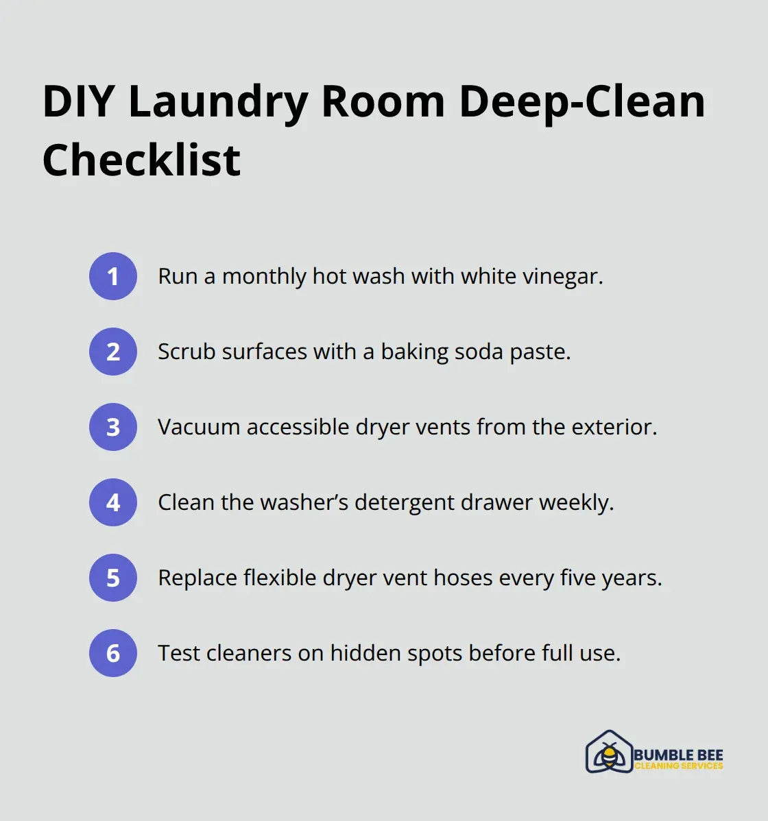 Compact checklist of DIY steps to maintain a clean, efficient laundry room.