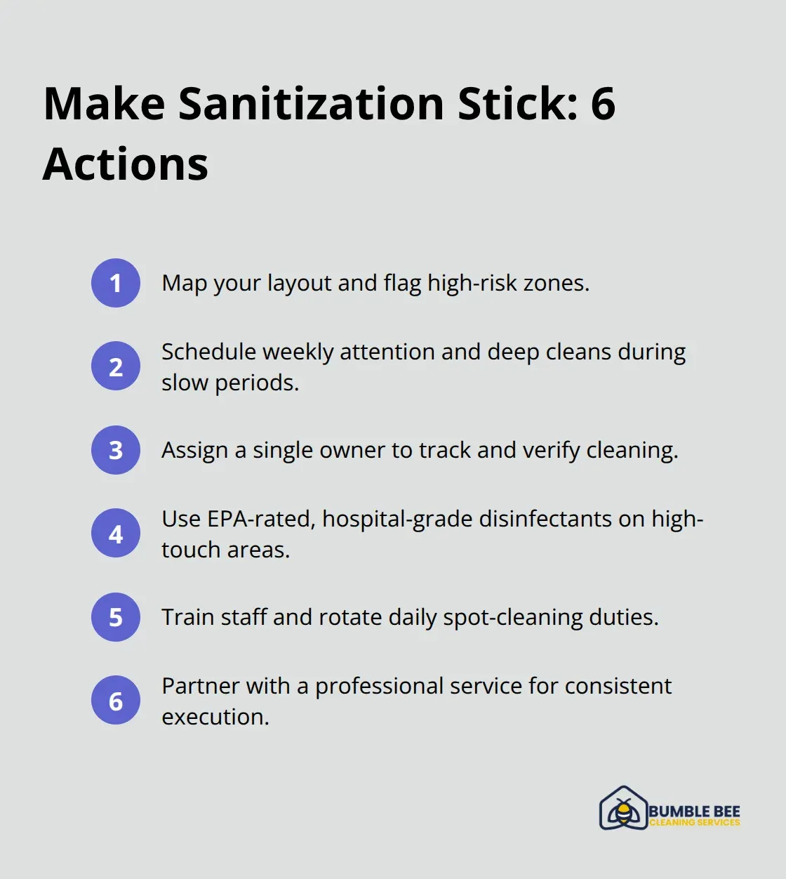 Compact list of six actions to embed warehouse sanitization.