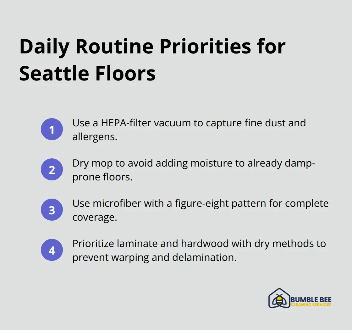 Compact list of daily floor care actions for humid Seattle conditions - Floor maintenance