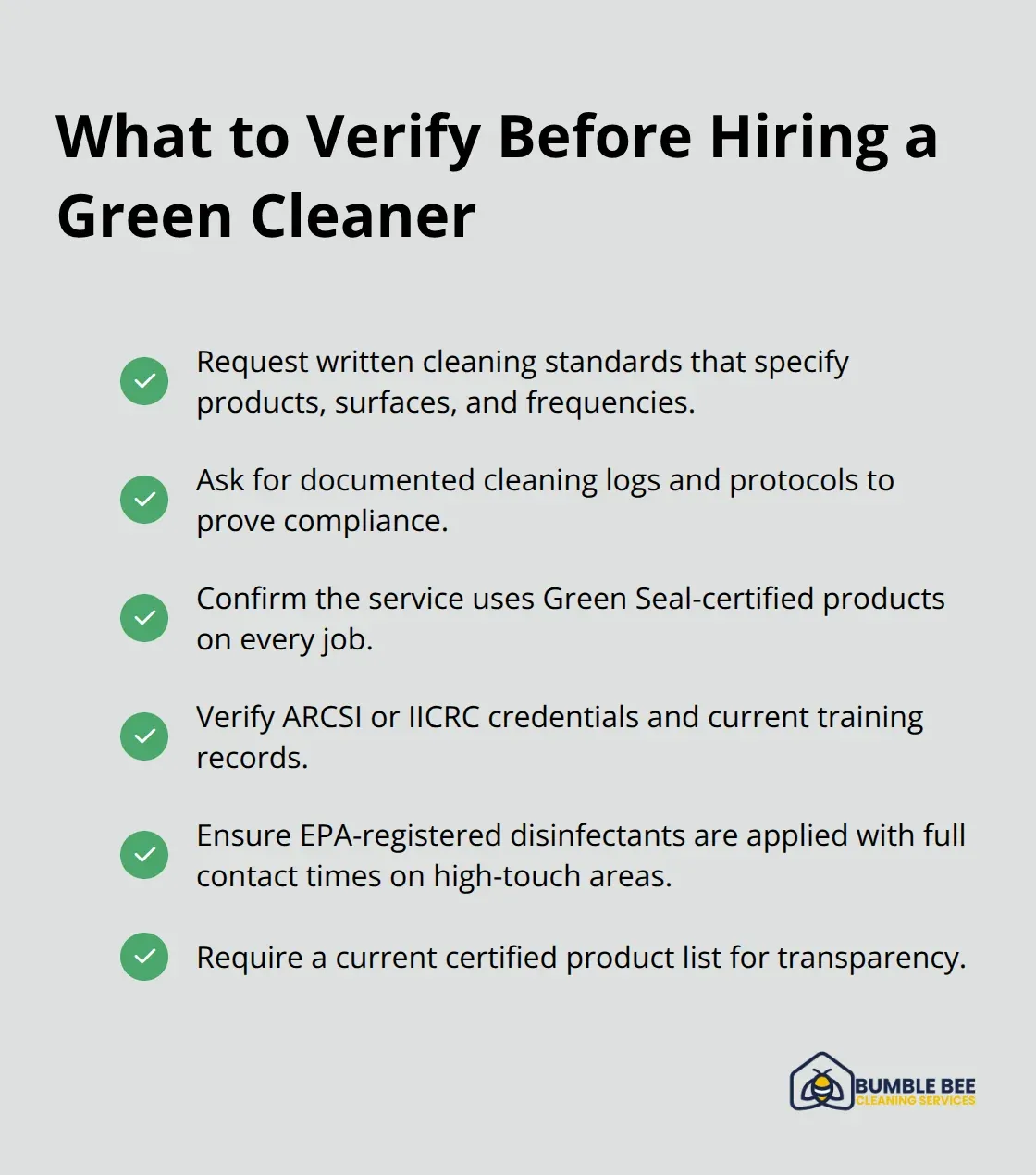 Checklist of documentation, certifications, and product standards to confirm before hiring a green cleaning service. - Green cleaning practices Seattle