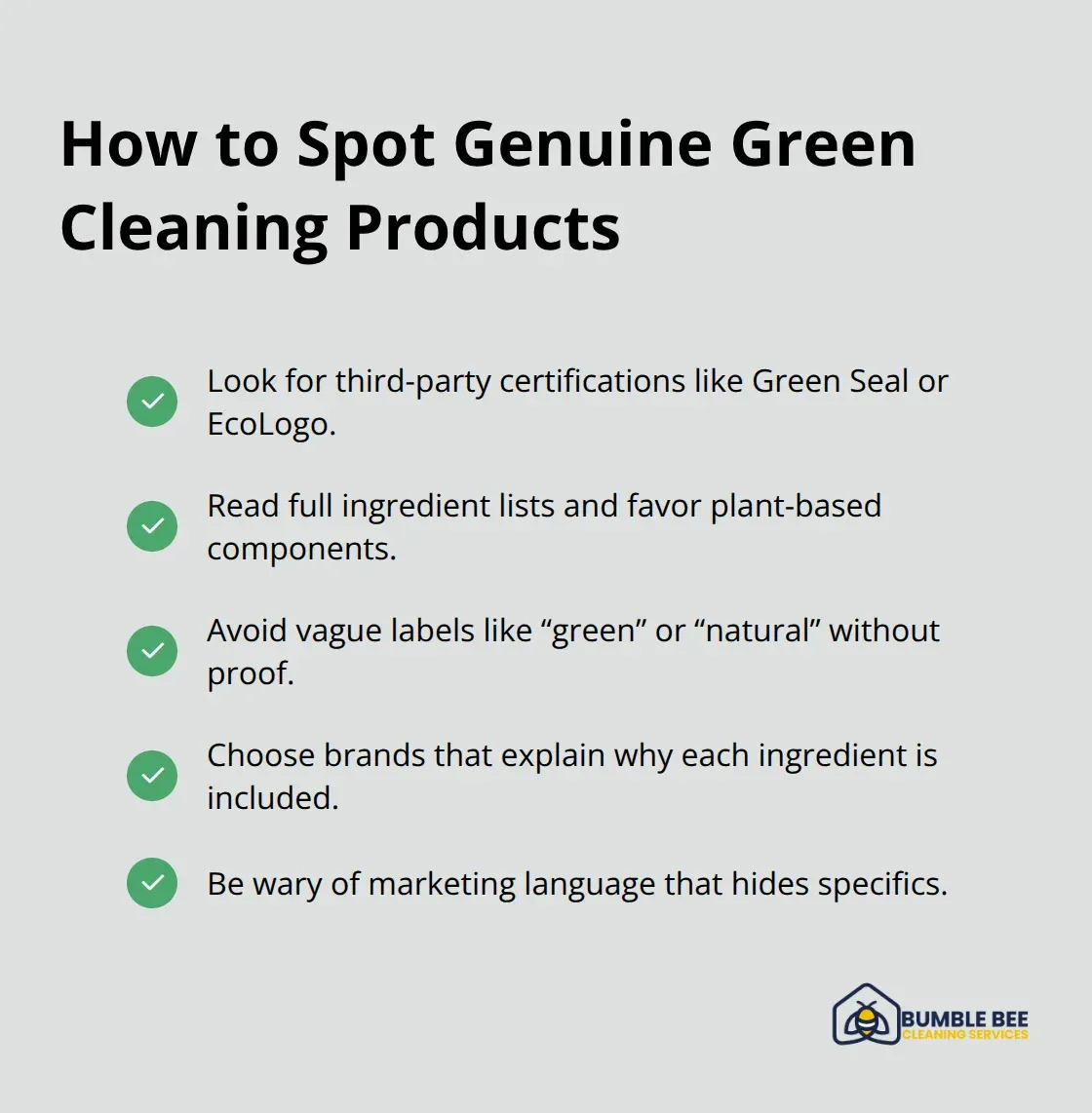 Checklist of criteria to identify real eco-friendly cleaning products and avoid greenwashing. - Green cleaning solutions Seattle
