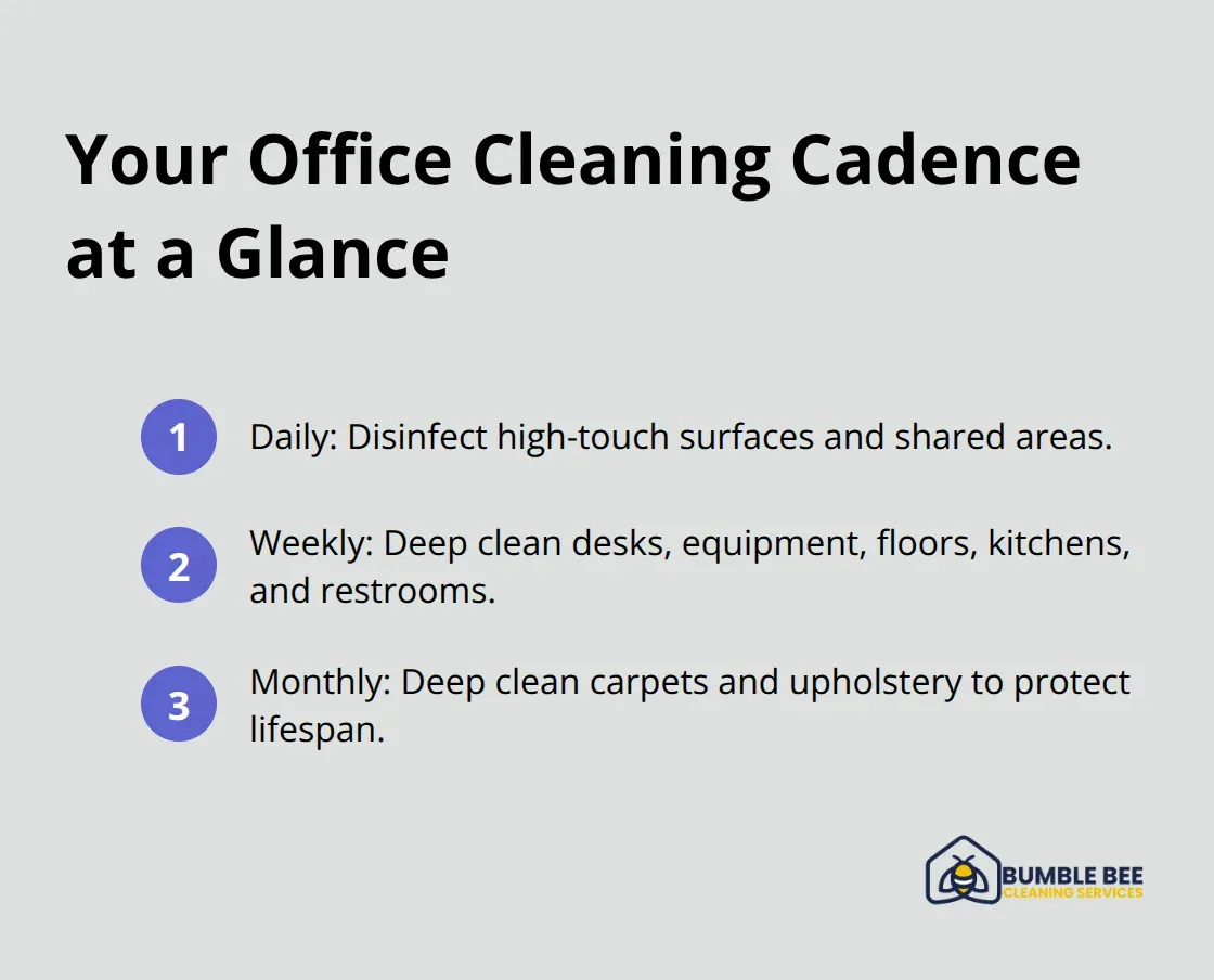 Compact list showing daily, weekly, and monthly office cleaning priorities.