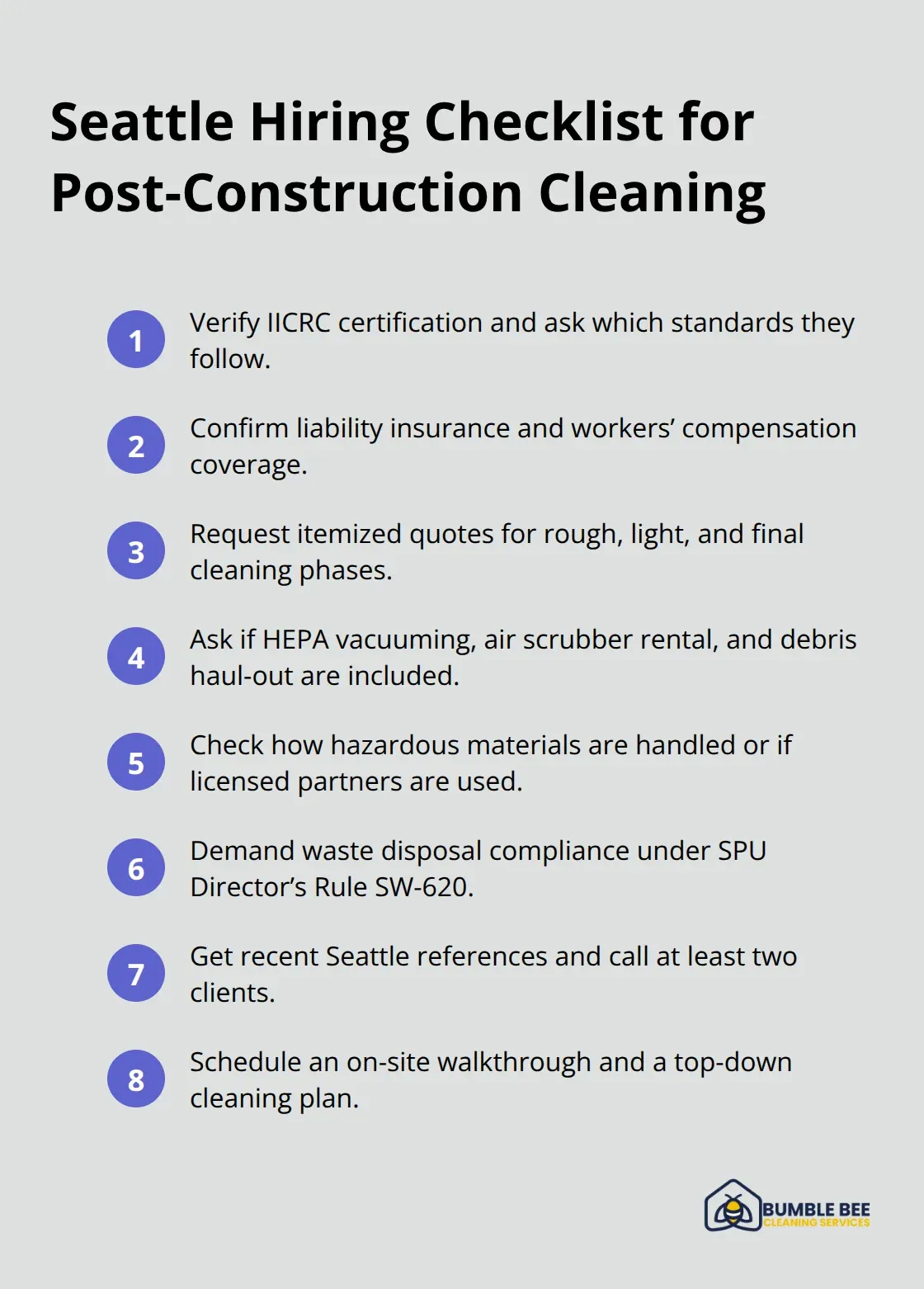 Compact checklist of what to verify when hiring a Seattle post-construction cleaning company - Post construction cleaning Seattle