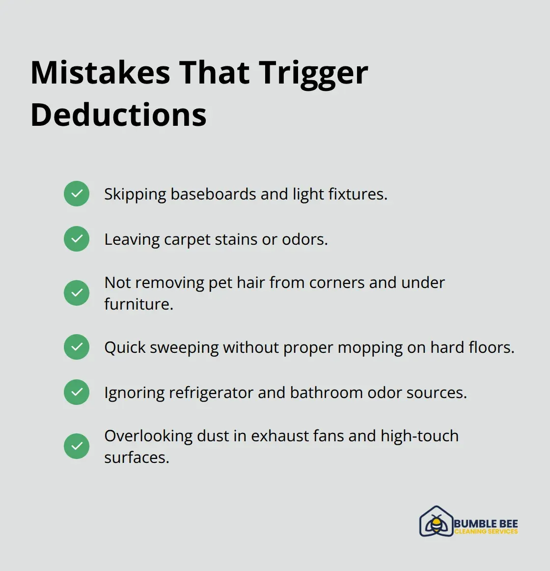 Checklist of common move-out cleaning mistakes that lead to security deposit deductions. - Renters move out cleaning