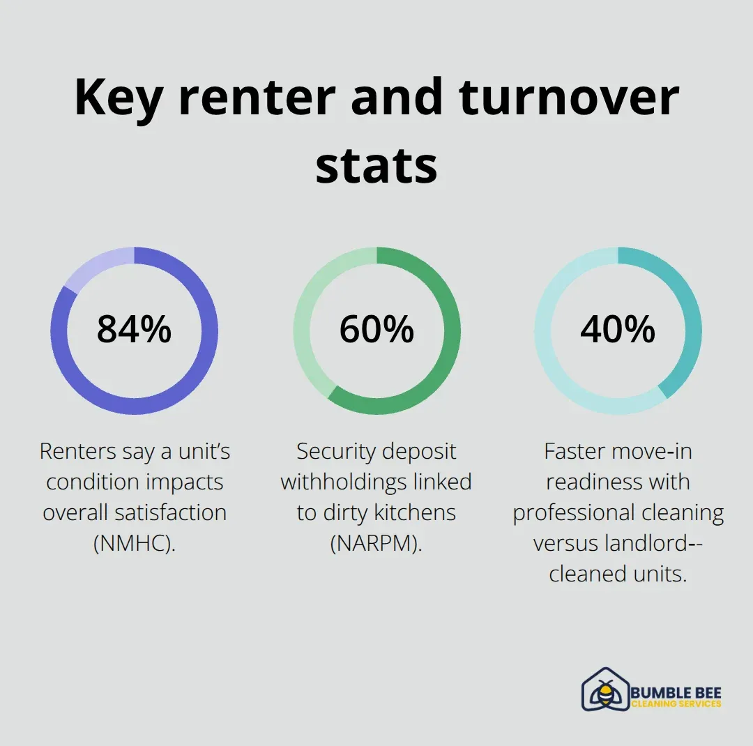 Percentages showing renter satisfaction drivers, kitchen impact on deposits, and speed gains from professional turnover cleaning