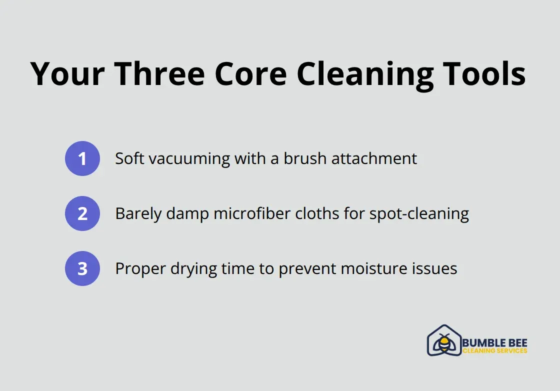 Compact list highlighting soft vacuuming, microfiber cloths, and proper drying time.