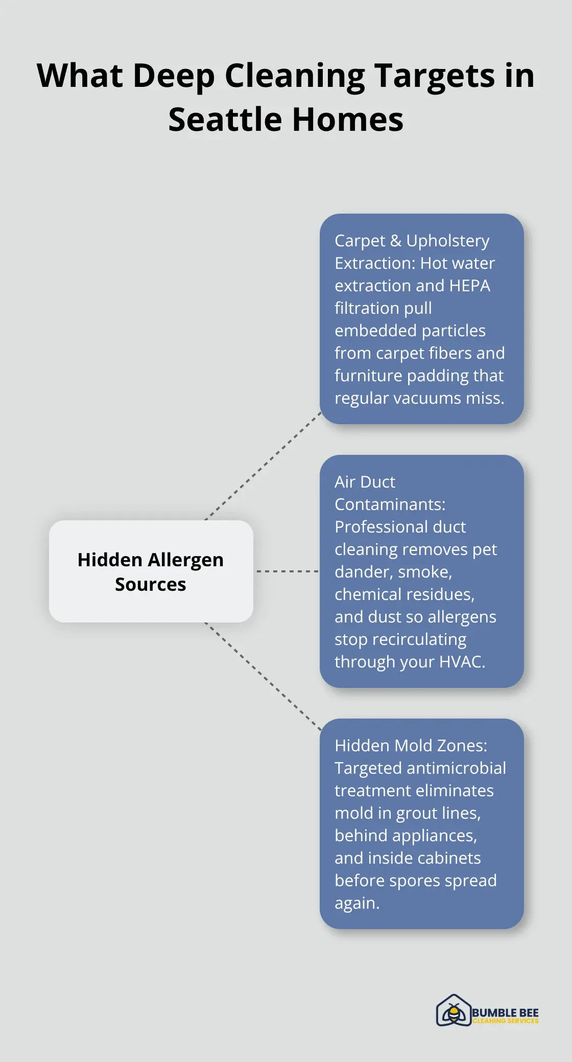 Hub-and-spoke diagram showing hidden allergen sources removed by professional deep cleaning. - Allergen removal