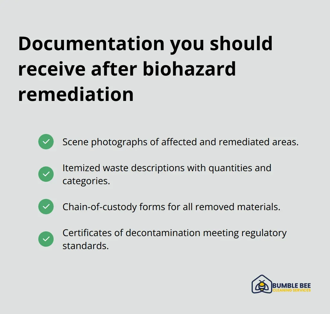 Checklist of essential documents that provide liability protection after biohazard cleanup