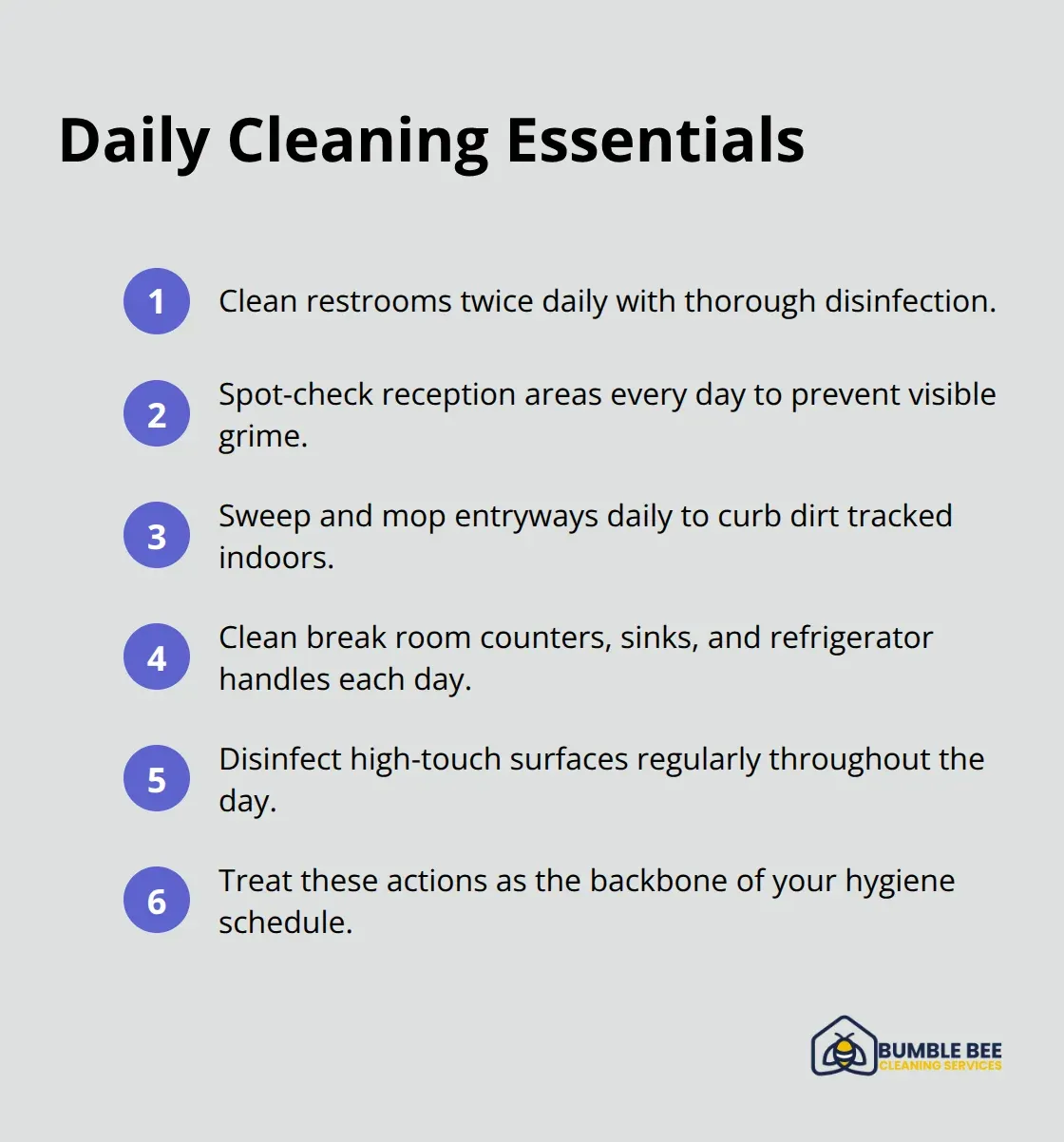 Compact list of daily cleaning tasks every Seattle workplace should schedule. - Business janitorial services Seattle