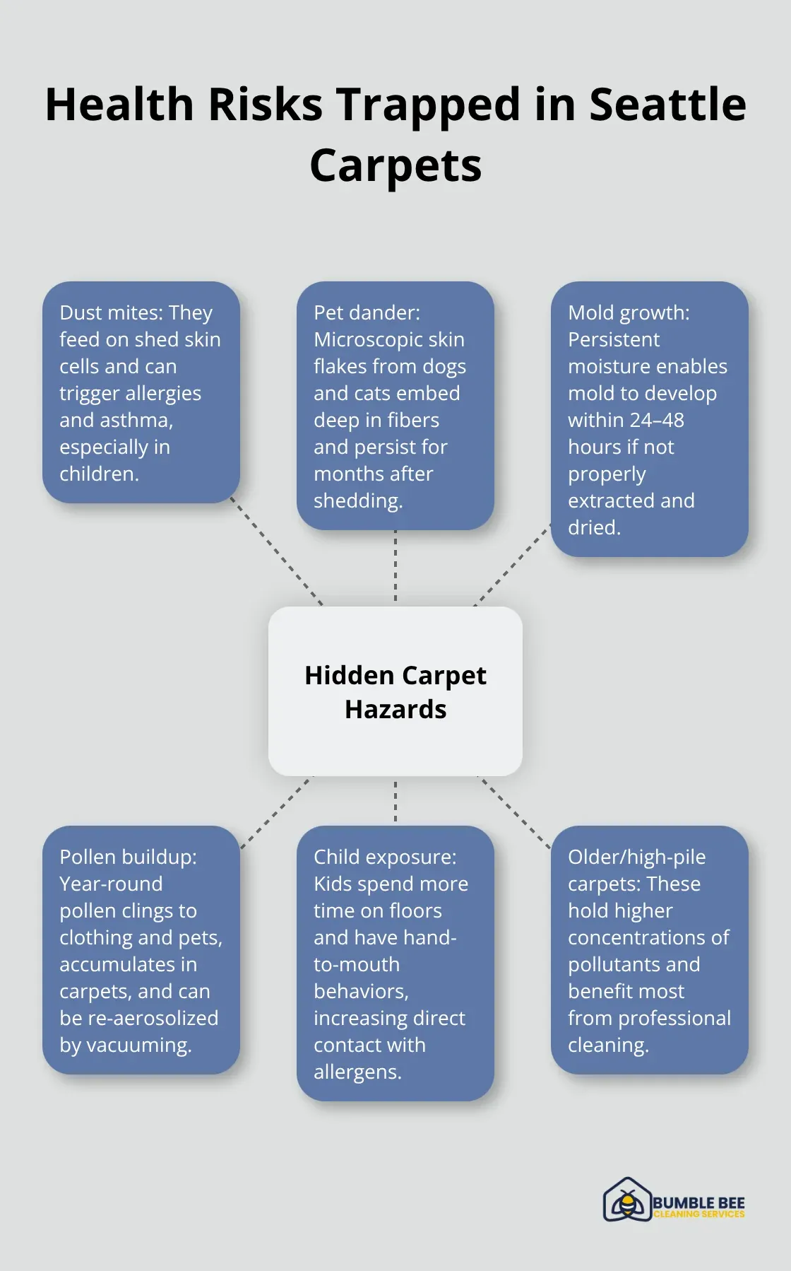 Hub-and-spoke diagram of hidden carpet hazards affecting Seattle families