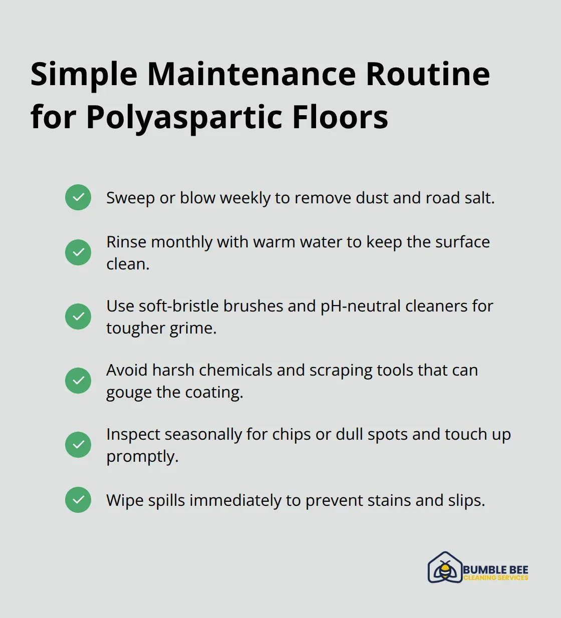 Checklist of weekly, monthly, and seasonal tasks to keep a coated garage floor protected