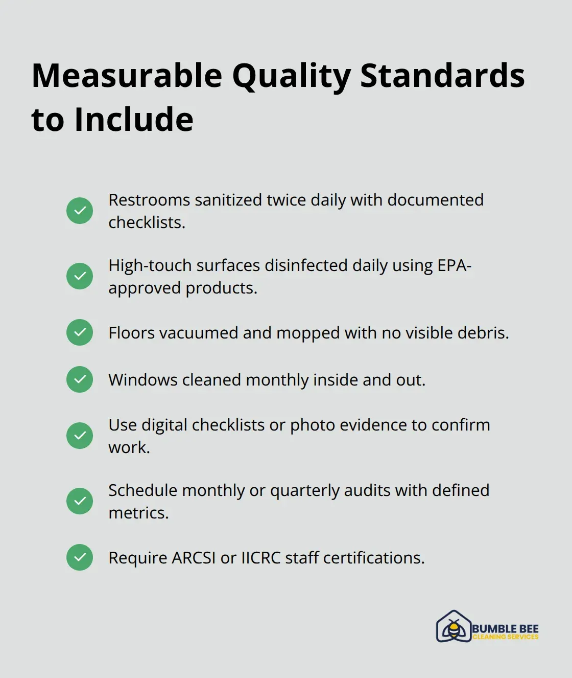 Checkmark list of measurable cleaning quality standards for Seattle facilities. - Seattle commercial cleaning contracts