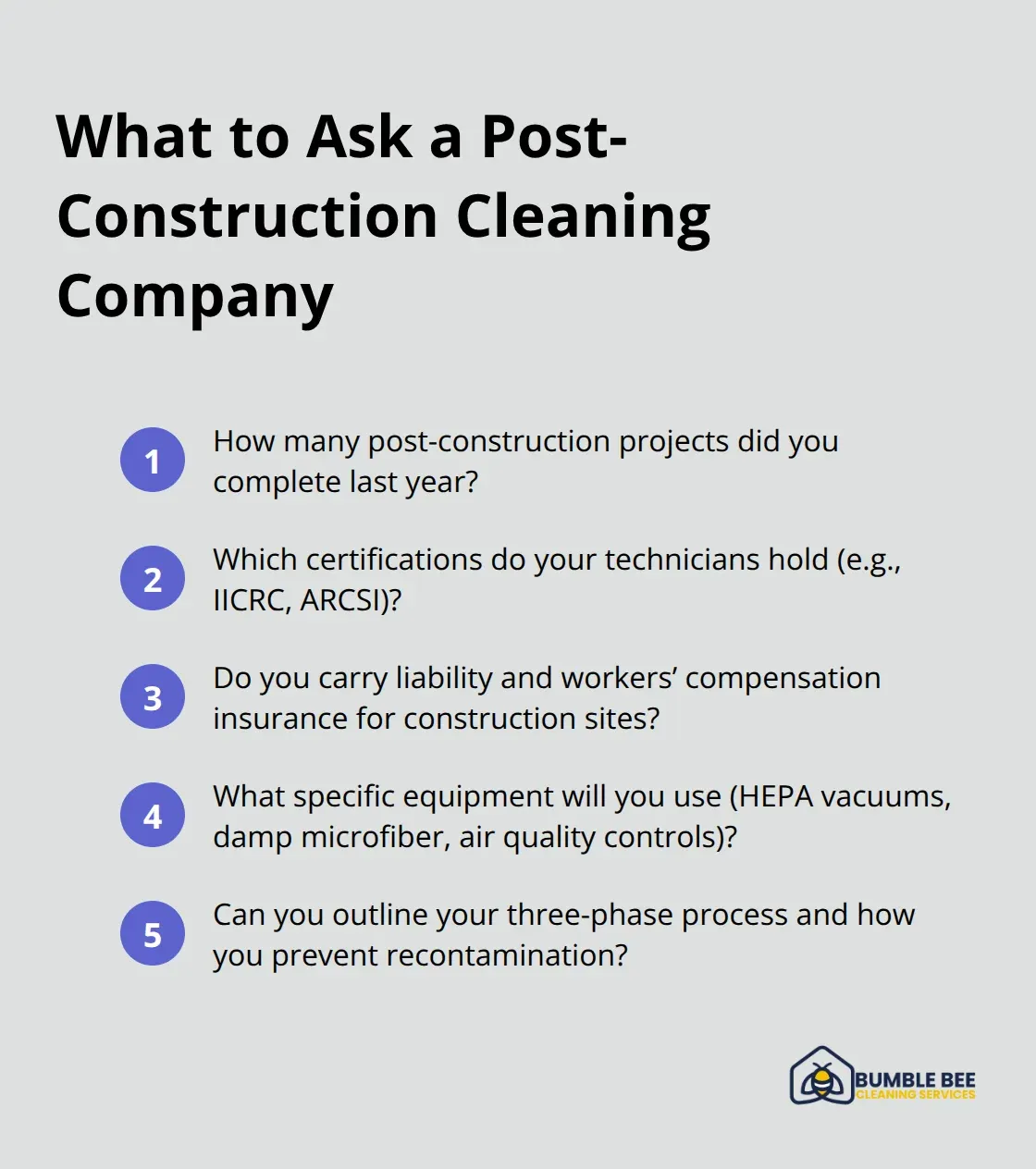 Compact checklist of key questions to vet a post-construction cleaning provider.