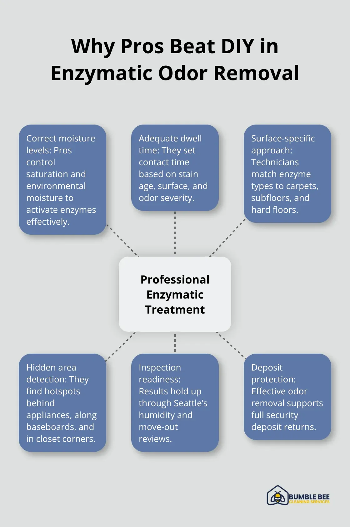 Hub-and-spoke diagram summarizing reasons professional cleaners outperform DIY for pet-odor removal in Seattle homes. - Enzymatic cleaning