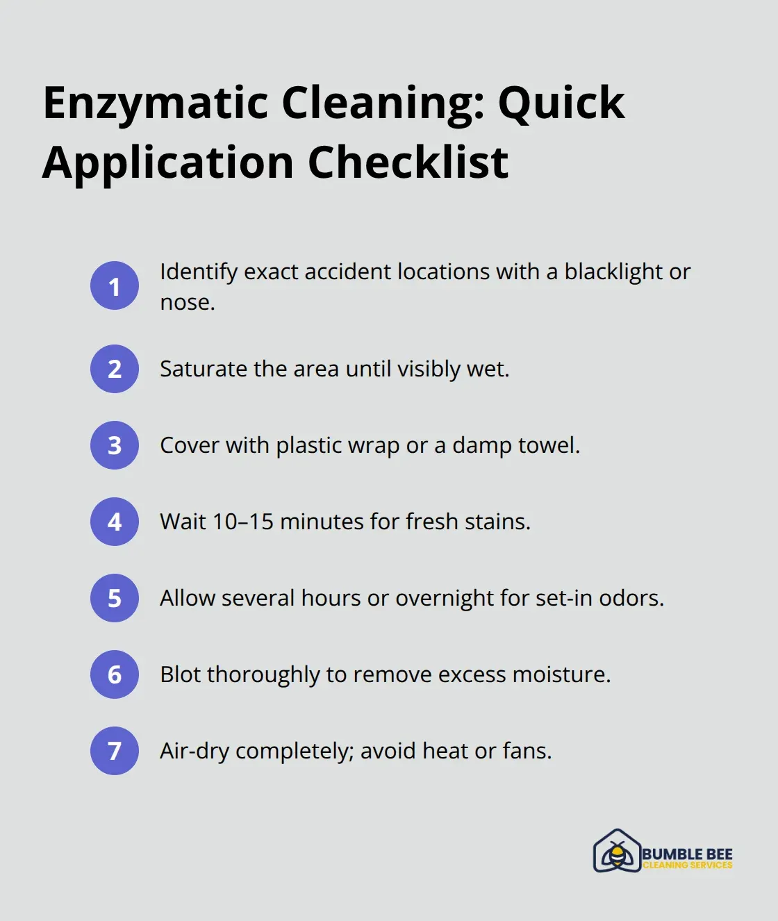 Compact checklist outlining key steps for effective enzymatic pet-odor removal. - Enzymatic cleaning